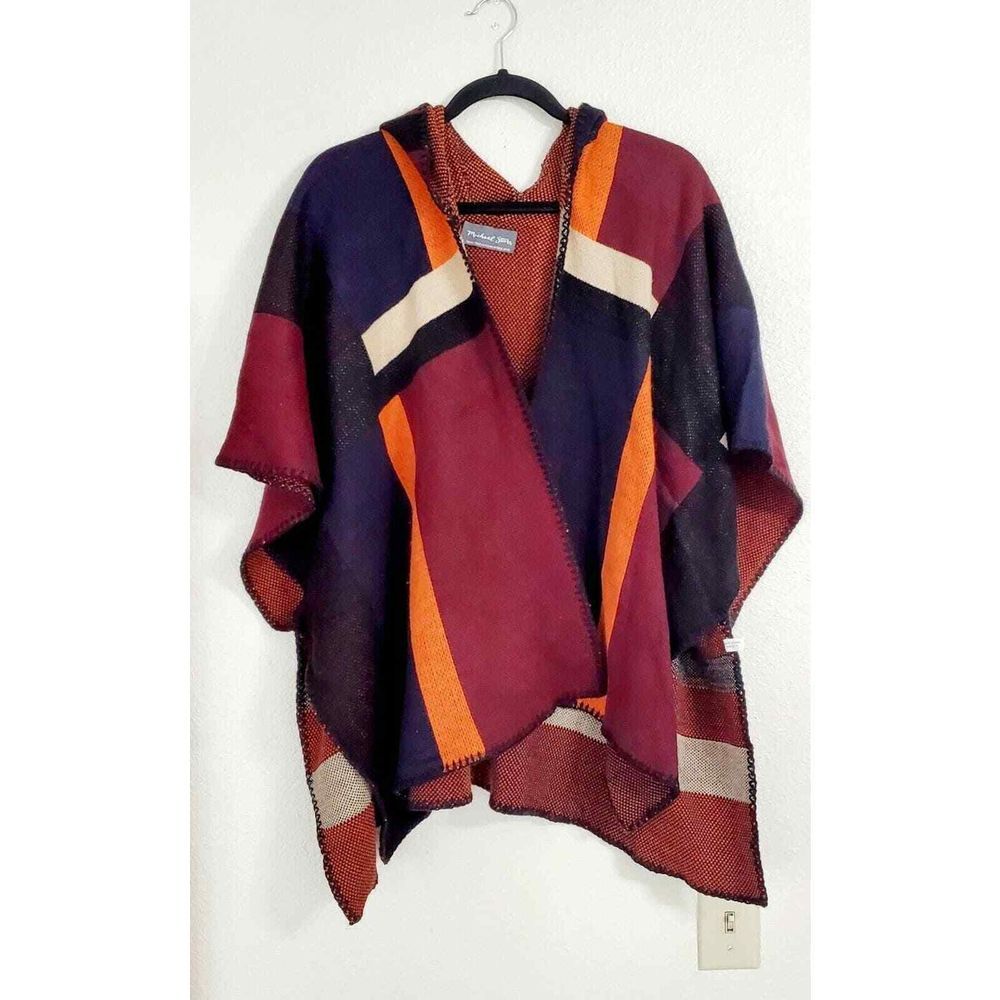 Michael‎ Stars Reversible Hooded Beachy Boho Poncho Colorblock Knit Wrap Sz OS